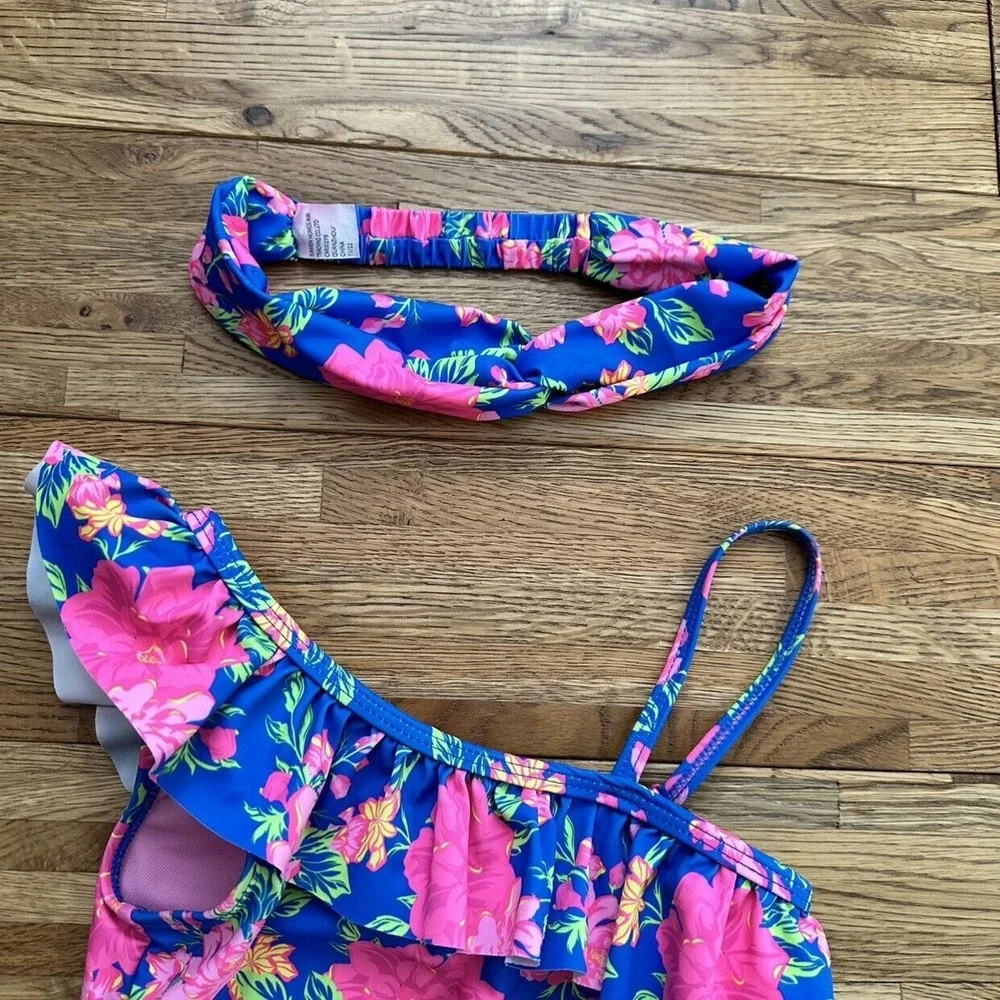 Catherine Malandrino‎ Girls Floral Printed One-piece Swimsuit With Headband Size